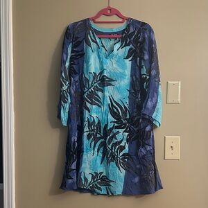 Blue and Black Leaf Print Swim Cover-Up